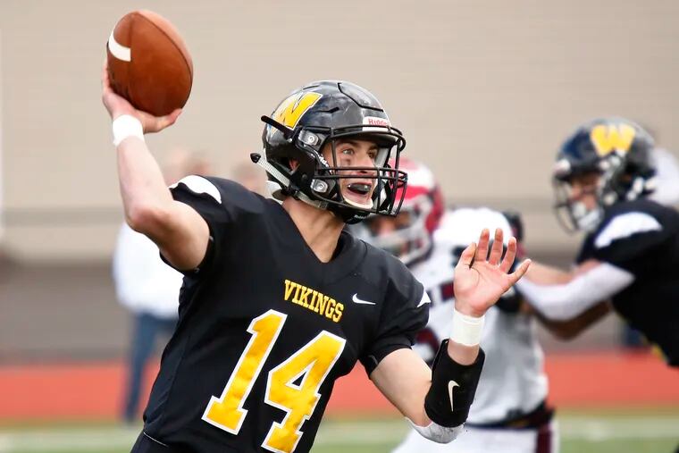 Archbishop Wood quarterback Jake Ross passes against St. Joseph's Prep during the second quarter of a Catholic League Red Division football game Saturday, Oct. 13, 2018, at William Tennent. Prep went on to win, 49-14.