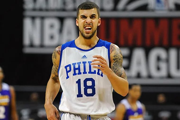 Philadelphia 76ers guard Scottie Wilbekin (18) reacts after a foul is called during an NBA Summer League game against the Los Angeles Lakers at Thomas & Mack Center. The Lakers won 68-60.
