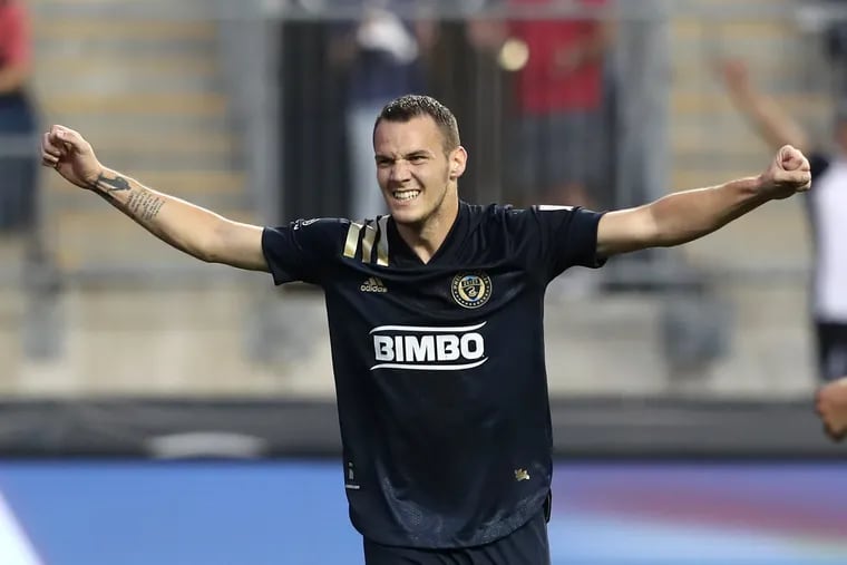 Dániel Gazdag celebrates after scoring his first goal for the Union, a penalty kick against Toronto FC on Aug. 4 at Subaru Park.