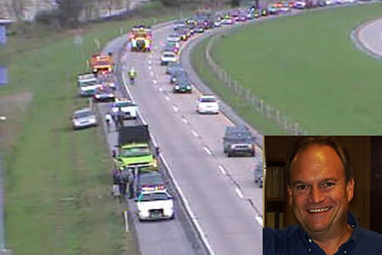 A PennDot camera shows police at the scene of the road rage shooting on Route 422. John Yannarell of Gilbertsville (inset), seen here in an undated photo from his website pitchyourbitchonline.ning.com, later surrendered to state police Friday after a road rage shooting on Route 422.