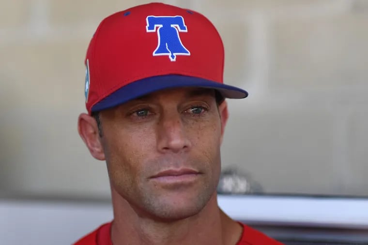 Phillies Manager, Gabe Kapler looks on during spring training workouts at Spectrum Field, in Clearwater Florida. Sunday, Feb. 18, 2018.