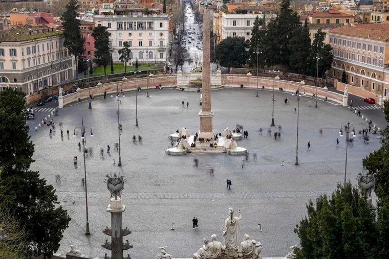 A view of Piazza del Popolo, in Rome, March 7, 202on  With the coronavirus emergency deepening in Europe, Italy, a focal point in the contagion, risks falling back into recession. Could the recession come here? Here's how small businesses can prepare. (AP Photo/Andrew Medichini)