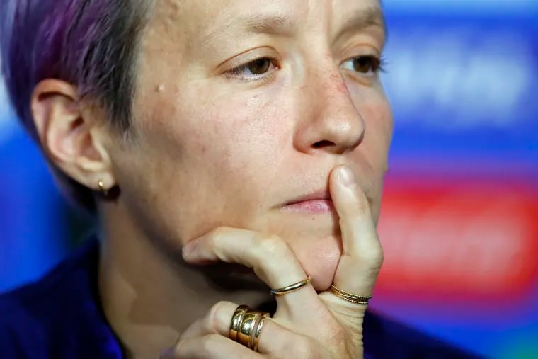 United States' Megan Rapinoe attends a press conference at the Stade de Lyon, outside Lyon, France, Saturday, July 6, 2019. US will face Netherlands in a Women's World Cup final match Sunday in Lyon.