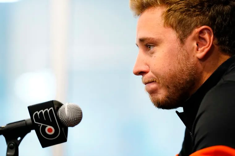 Flyers winger Cam Atkinson speaks during a news conference at the team's practice facility in Voorhees on Tuesday.