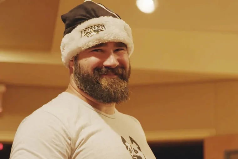 Eagles center Jason Kelce in the recording studio during the making of 'A Philly Special Christmas' last year.
