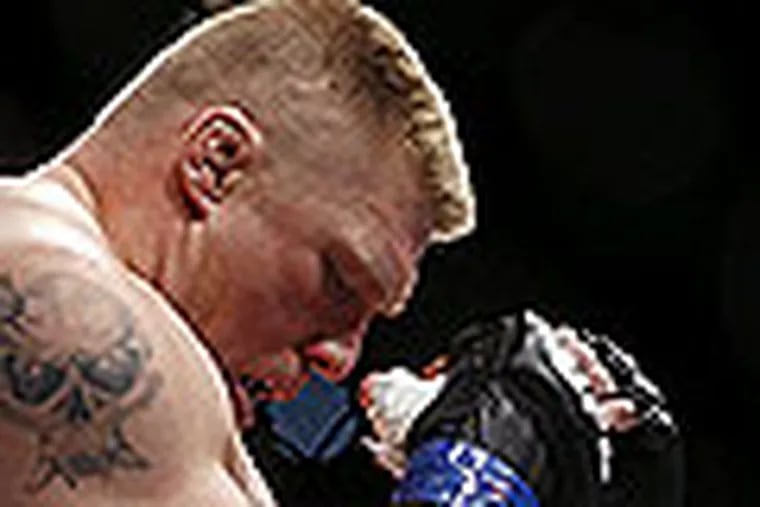 ﻿Brock Lesnar before his win over Randy Couture for the UFC World Heavyweight mixed marshal art championship match Saturday, Nov. 15, 2008 in Las Vegas.