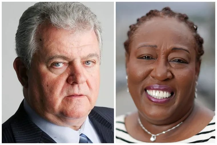 Former U.S. Rep. Bob Brady (left), chairman of the Democratic City Committee in Philadelphia, expressed surprise that Rasheen Crews, a controversial political consultant, is telling people he will serve as chief of staff to Tracey Gordon (right,) who is expected to be the city's next Register of Wills.