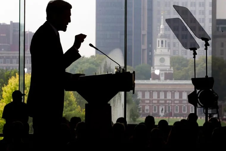With Independence Hall visible in the background, Secretary of State John Kerry delivers a speech on the nuclear agreement with Iran at the National Constitution Center on Sept. 2, 2015. (CHARLES FOX/Staff Photographer)