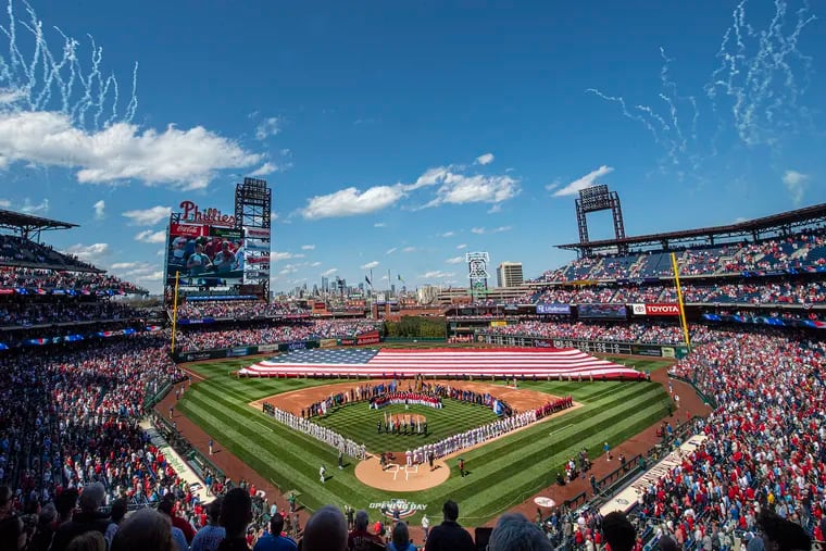 Phillies fans gather during opening day against the Oakland Athletics at Citizens Bank Park in Philadelphia.