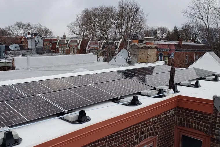Solar panels on the roof of Leslie Gaines' home in West Philadelphia.