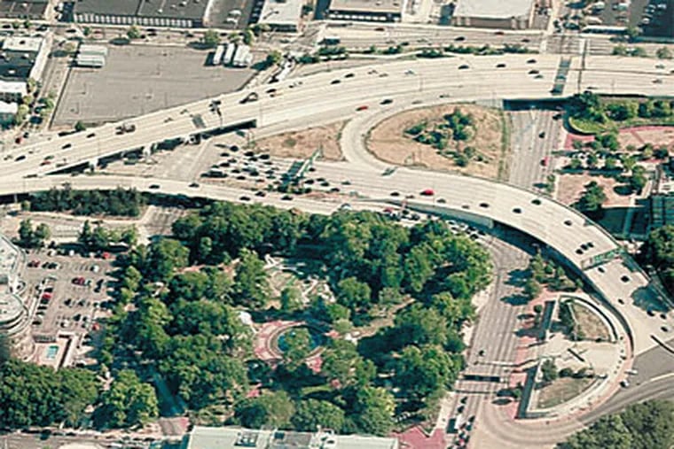 A proposed “flyover ramp” and other improvements would allow Ben Franklin Bridge traffic entering Philadelphia to directly connect to the Vine Street Expressway. (photo from Pictometry International)