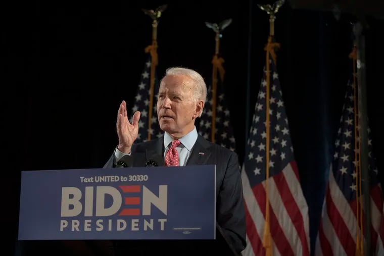 Democratic presidential candidate former Vice President Joe Biden speaking about the coronavirus March 12 in Wilmington, Del.