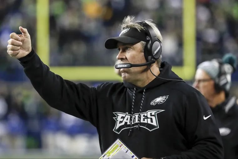 Eagles coach Doug Pederson signals from the sidelines during the Eagles’ loss to the Seahawks.