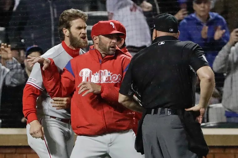 Bryce Harper had more words for home plate umpire Mark Carlson after he was ejected in the fourth inning of the Phillies' 5-1 loss on Monday.