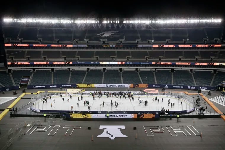The ice at the Linc on the eve of the 2019 Coors Light NHL Stadium Series game featuring the Philadelphia Flyers vs. Pittsburgh Penguins. Dogfish Head will battle Troegs on the same ice Tuesday.