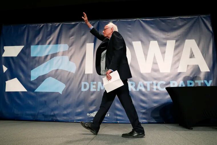 Democratic presidential candidate Bernie Sanders arrives on stage to speak during the Iowa Democratic Party's Hall of Fame Celebration, Sunday, June 9, 2019, in Cedar Rapids, Iowa. (AP Photo/Charlie Neibergall)