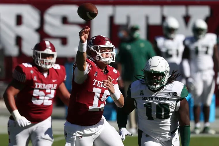 Temple quarterback Anthony Russo throws the ball under pressure in the second quarter against USF.