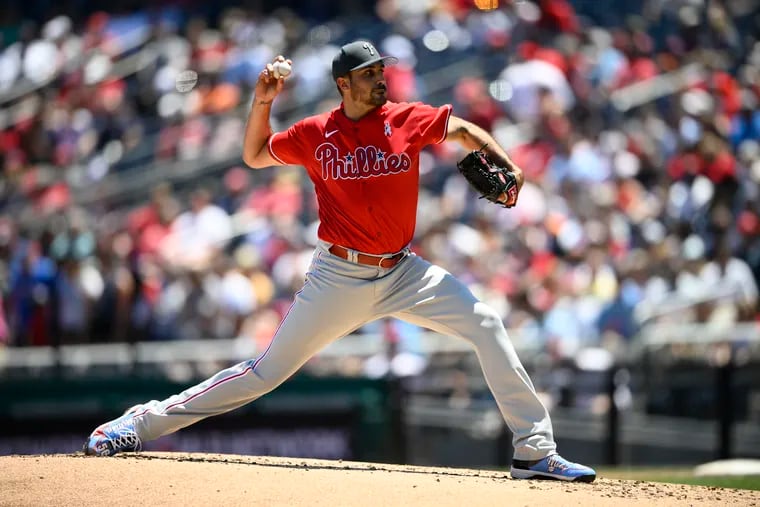 Philadelphia Phillies starting pitcher Zach Eflin throws during the second inning of a baseball game against the Washington Nationals, Sunday, June 19, 2022, in Washington. (AP Photo/Nick Wass)
