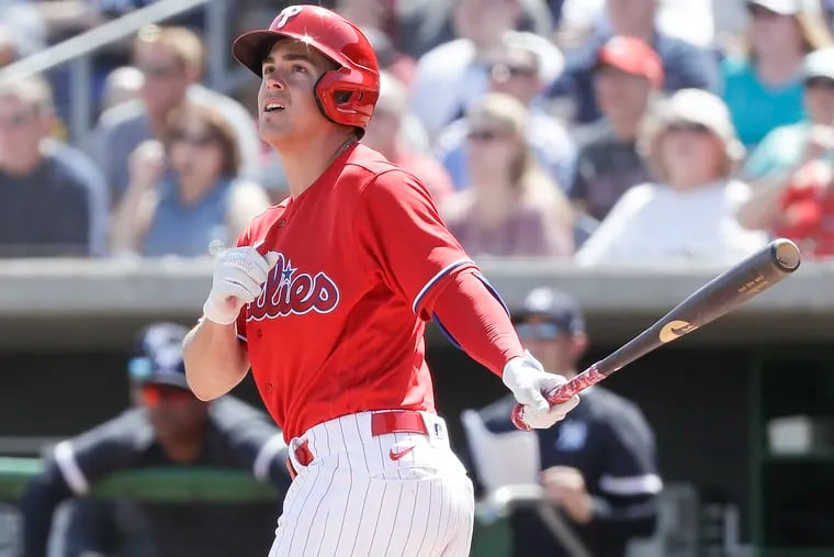 Scott Kingery of the Phillies batting against the New York Yankees in a spring training game in 2020.