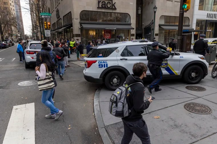 Philadelphia police investigate a shooting at near the intersection of 17th and Chestnut Street in Center City Philadelphia on Thursday afternoon February 17, 2022.