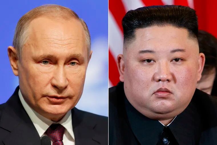 FILE - This combination file photo, shows Russian President Vladimir Putin, left, in St. Petersburg, Russia, April 9, 2019, and North Korean leader Kim Jong Un in Hanoi, Vietnam, on Feb. 28, 2019. When Kim meets with Putin for their first one-on-one meeting, he will have a long wish list and a strong desire to notch a win after the failure of his second summit with U.S. President Donald Trump in February 2019. (AP Photo/Dmitri Lovetsky, Evan Vucci, File)