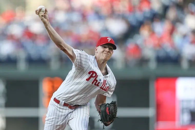 Phillies' pitcher Nick Pivetta throws against the Mets during the 1st inning at Citizens Bank Park in Philadelphia, Wednesday, June 26, 2019