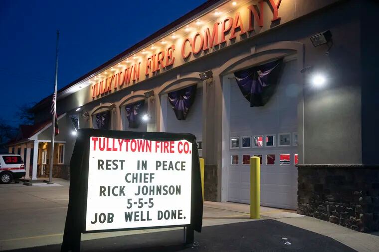 Tullytown Fire Dept. Assistant Chief Rick Johnson has died of coronavirus related complications. The memorial bunting on the fire company doors on April 4, 2020.