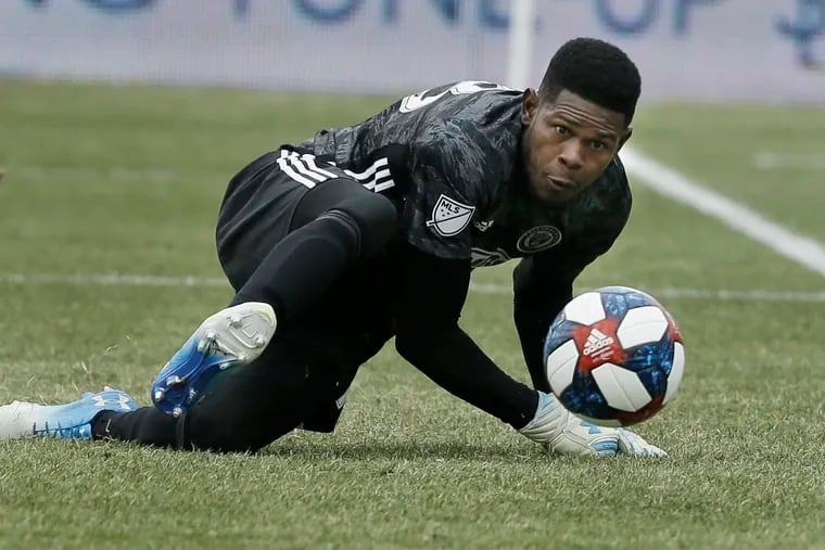 Union goalkeeper Andre Blake watches the ball after making a save in the first half of the Toronto FC at Philadelphia Union mens soccer match at Talen Energy Stadium in Chester, Pa. on March 2, 2019.