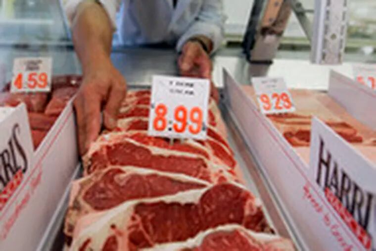 Steaks at a butcher in Pacifica, Calif. Demand for meat remains steady, so costs can be passed on.