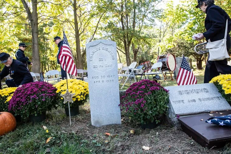 Charles Sigmund, a Civil War veteran and piano tuner from South Philadelphia, was buried near a stand of sassafras trees in Mount Moriah Cemetery in Yeadon on April 8, 1928, at age 80. He finally now has a headstone (center).