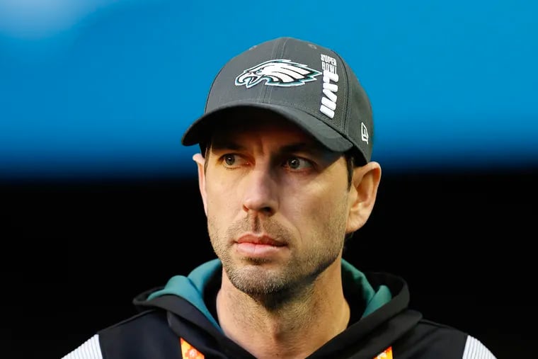 Former Eagles offensive coordinator Shane Steichen looks on from the sidelines before the Eagles played the Kansas City Chiefs in Super Bowl LVII last season.