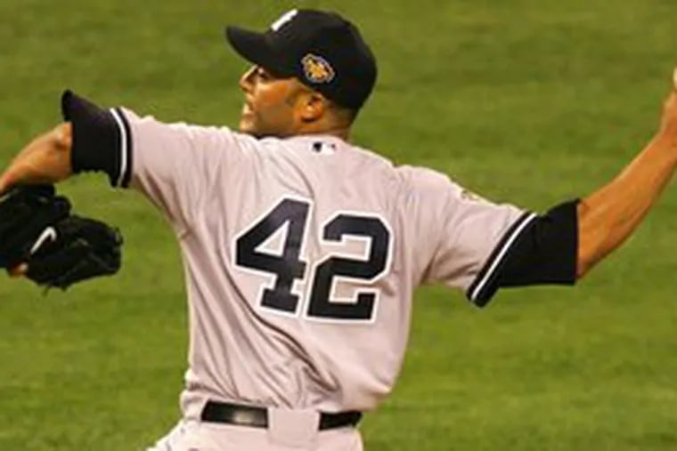 Yankees reliever Mariano Rivera , at last year&#0039;s All-Star Game, still wears No. 42. Baseball will mark the 60th anniversary of Robinson&#0039;s breaking the color barrier next Sunday. A player from each team will wear his number that day.
