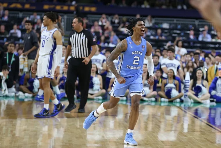 Caleb Love of North Carolina celebrates after their 81-77 victory over Dunke in a  national semifinal game of the NCAA Tournament on  April 2, 2022 at the Superdome in New Orleans.
