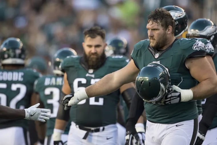 Eagles offensive lineman Allen Barbre accepts congratulations as the Eagles beat the Steelers 34-3, on Sept. 25, 2016.