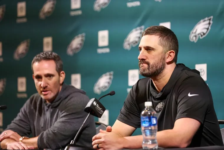 Eagles head coach Nick Sirianni (right) and general manager Howie Roseman, seen here at a press conference last month. Both spoke to reporters Tuesday at the NFL scouting combine.