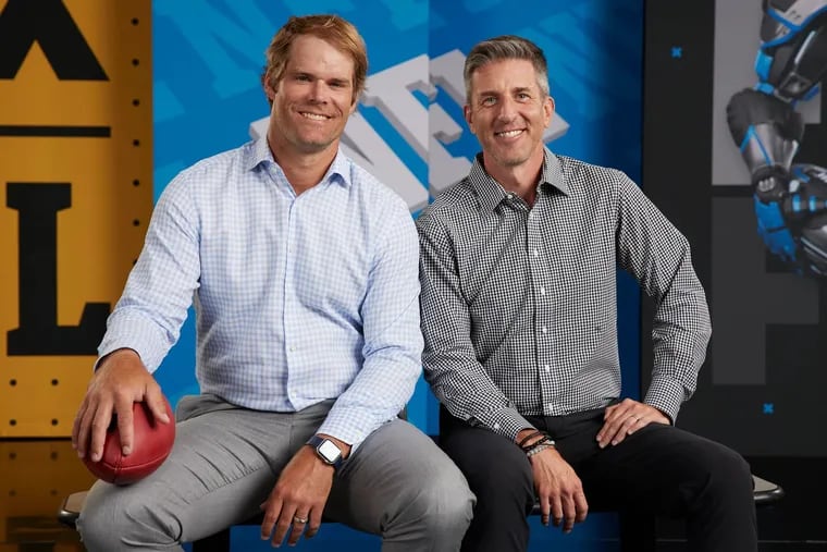 Former Carolina Panthers tight end Greg Olsen (left) and play-by-play announcer Kevin Burkhardt will be calling Eagles-Titans on Sunday.