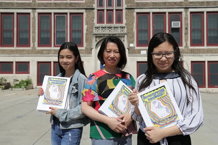 (From left) Ariya Kim, Lisa Yau, and Venus Salas Rizo outside the Kirkbride School in Philadelphia. Yau’s 5th grade class worked on a service learning project on depression.