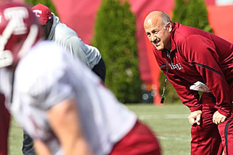 Temple head coach Steve Addazio watches practice as the Owls prepare for Rutgers. (Charles Fox/Staff Photographer)