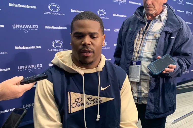 Abdul Carter talks with reporters after Penn State's Blue and White spring game on Saturday, April 13.