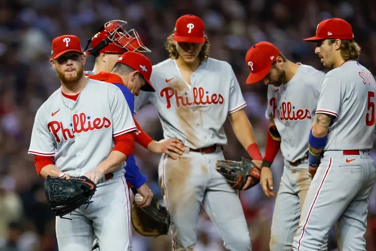 Phillies reliever Craig Kimbrel is pulled from the game in the eighth inning.