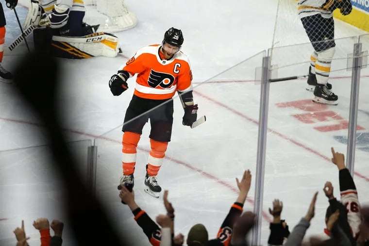Claude Giroux of the Flyers celebrates after scoring against the Sabres during the 2nd period at the Wells Fargo Center on March 7, 2020.