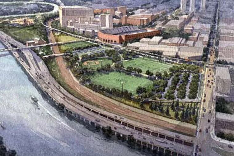 Artist’s rendering of the elevated walkways planned for the University of Pennsylvania’s Penn Park riverfront project. The project will also include athletic fields and tennis courts. (Source: University of Pennsylvania)