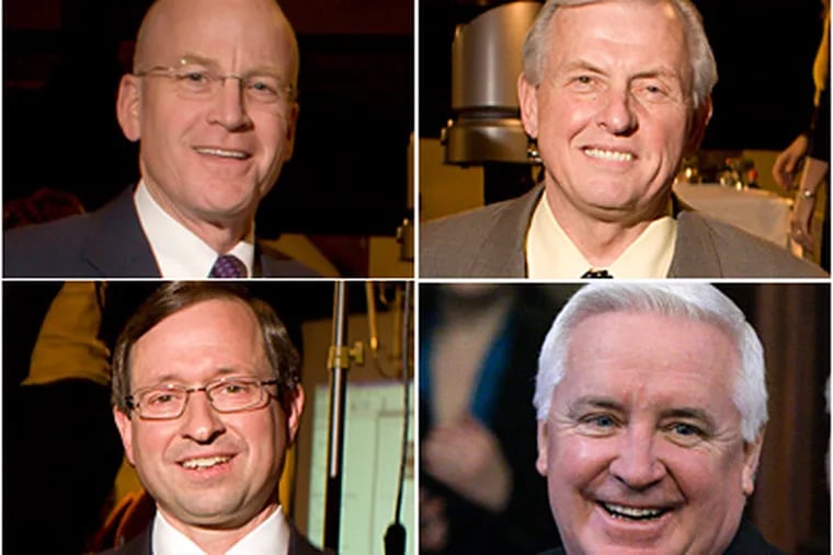 Candidates for Pa. governor include, top left Democrats Joe Hoeffel and Pa. Auditor General Jack Wagner, and bottom left, Republicans Rep. Sam Rohrer and Attorney General Tom Corbett. (File photos)