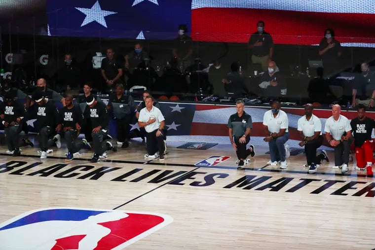 Players, coaches, staff members, and referees have kneeled for the national anthem to protest social injustice and racial inequality during the NBA's return.