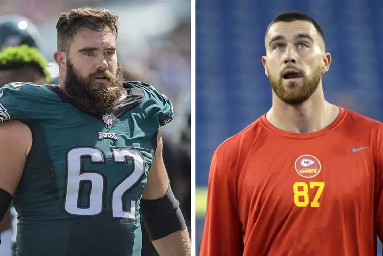 Jason (left) and Travis Kelce’s respective teams will face off on Sunday.