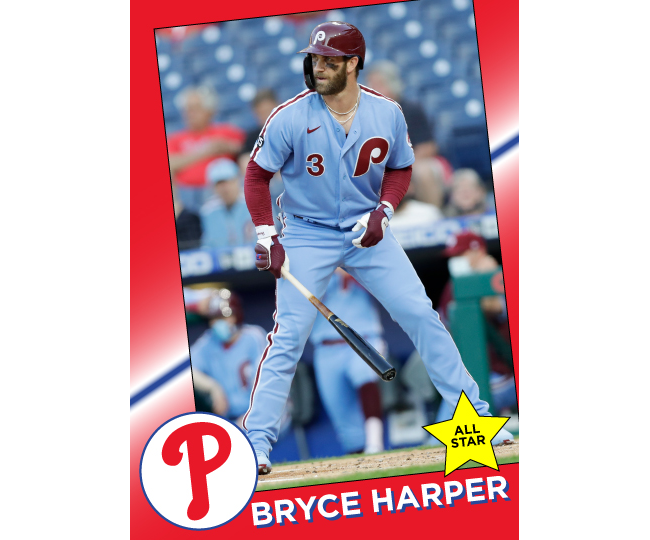 A mock baseball card for Bryce Harper, using new-age statstics.