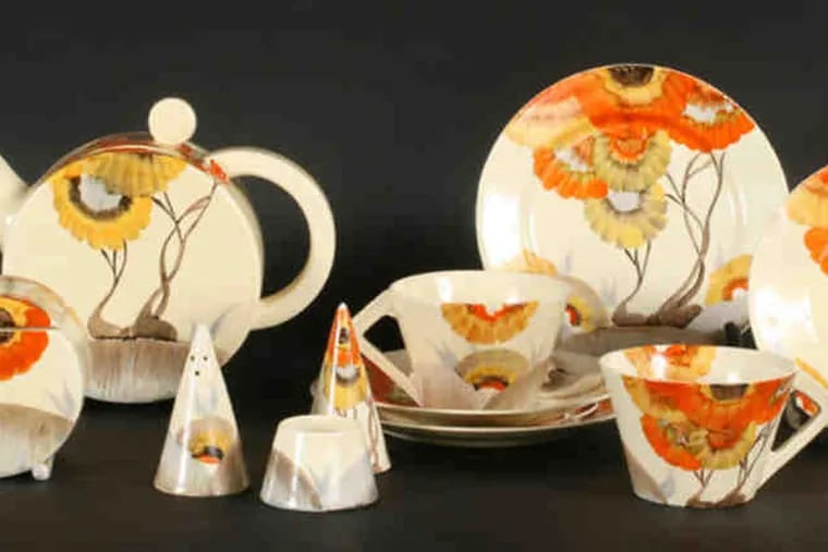 Clarice Cliff's Rhodanthe pattern features pinwheel-like flowers in yellow and orange. Individual pieces and place settings of the 20th-century pottery sold earlier this year at Kamelot Auctions for $200 to $500. Nature is a frequent theme of her work.