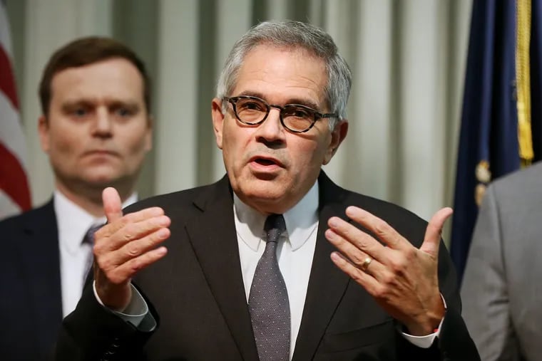 Philadelphia District Attorney Larry Krasner talks about a new website to disseminate criminal justice data during a news conference at the DA's office in Center City last week.