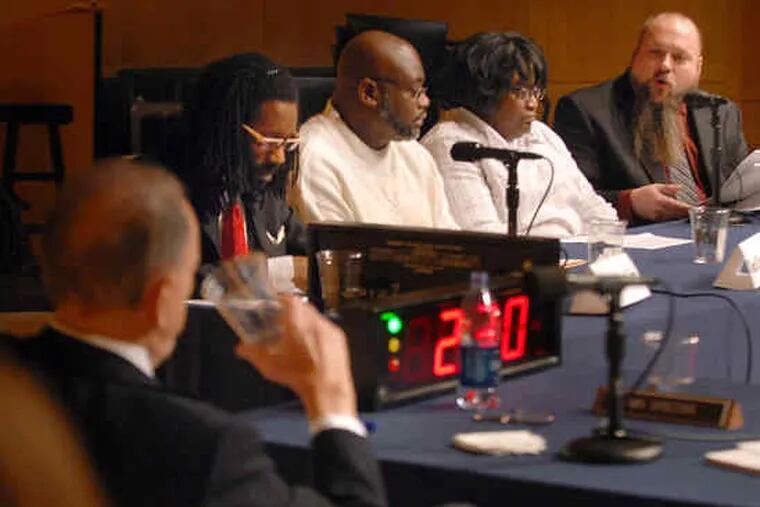 U.S. Sen. Arlen Specter (left) convenes a Senate hearing on witness intimidation with (from left) Phila. lawyer Michael Coard; Ted Canada and Barbara Clowden, parents of murder victims; and professsor Richard L. Frei.
