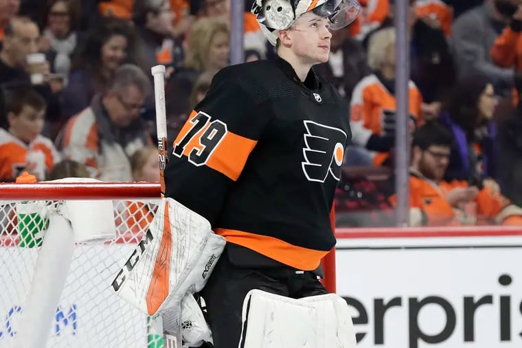 Flyers goaltender Carter Hart in front of his net during a break against the Detroit Red Wings on Saturday, February 16, 2019 in Philadelphia.